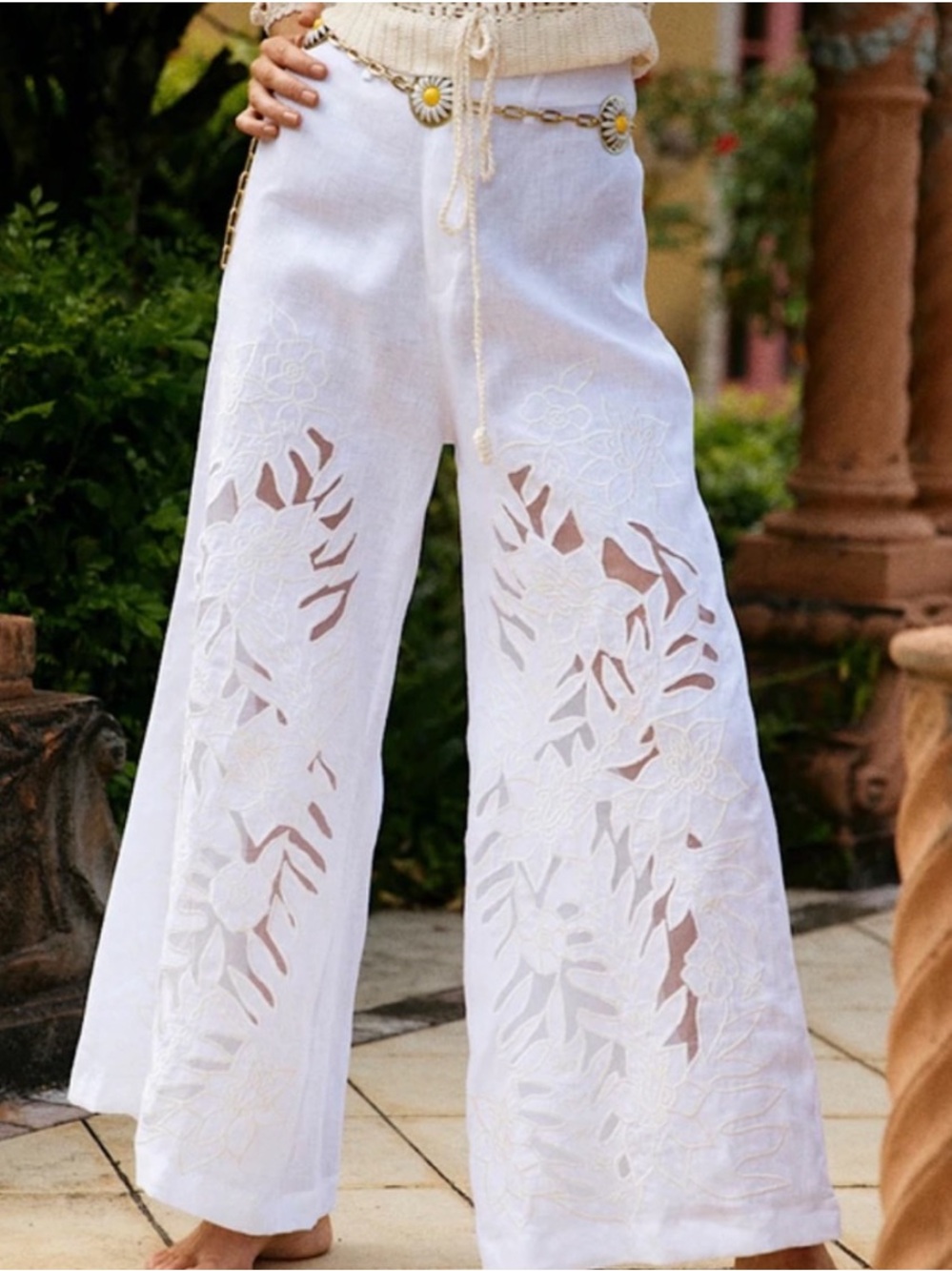 Chasing Unicorns βοΈ White Linen Cutwork Embroidery Wide Leg Trousers sz XS/Small - Picture 3 of 16